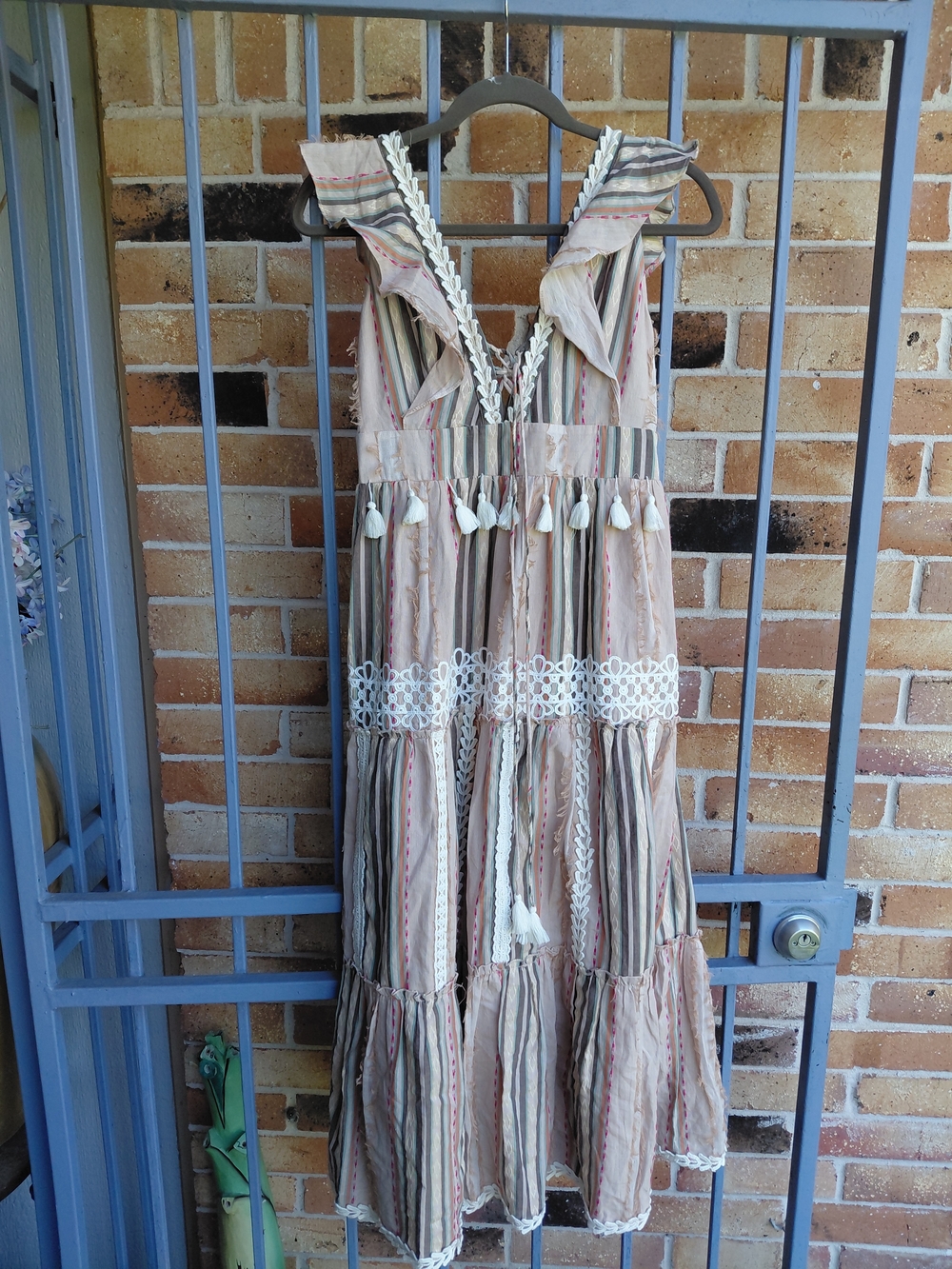 HEMANT & NANDITA Beige and Cream Striped Midi Dress with Tassels
